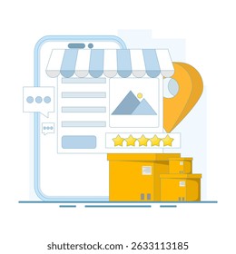 Business Rating and review concept, sending location based notifications to users. Geographic for Local Marketing. Local business SEO, Business listing with small business location pin.