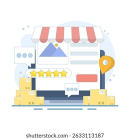 Business Rating and review concept, sending location based notifications to users. Geographic for Local Marketing. Local business SEO, Business listing with small business location pin.