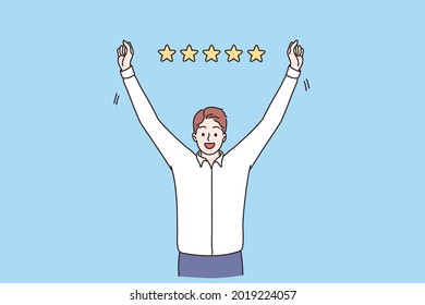 Business rating, success, reaching goal concept. Young smiling businessman cartoon character standing feeling happy with five stars rating above vector illustration 