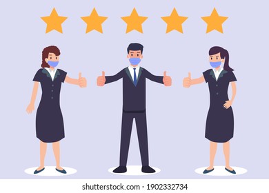 Business rating vector concept: Group of business people give five stars rating while wearing face mask together