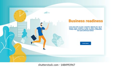 Business Readiness Landing Page Vector Template. Time Management Web Banner Cartoon Concept. Work Preparation Webpage Interface Idea with Flat Illustrations. Running Businessman Cartoon Character