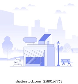 Business real estate investment. Commercial property in the park. Modern city building exterior. Background shows cityscape with buildings and trees. Cartoon minimal style. Vector illustration.