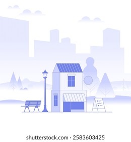 Business real estate investment. Commercial property in the park. Modern city building exterior. Background shows cityscape with buildings and trees. Cartoon minimal style. Vector illustration.