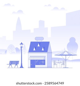 Business real estate investment. Commercial property in the park. Modern city building exterior. Background shows cityscape with buildings and trees. Cartoon minimal style. Vector illustration.