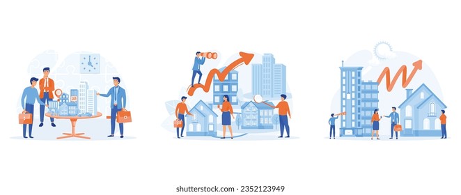 business real estate investment. group investor meeting,  rising real estate market,  presentation of a house. set flat vector modern illustration 