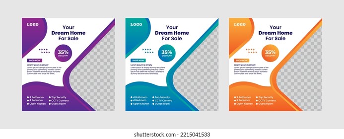 Business real estate social media post square banner template. Furniture social media post templates. Suitable for web banners, advertising, house sale social media posts, web ads, and internet ads.
