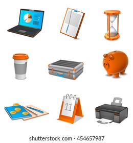  Business realistic icons set with calendar laptop and coffee isolated vector illustration