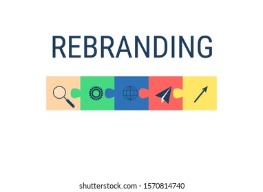 Business rebranding, multi-colored cubes puzzles, icons. Magnifier, gears, planet, paper airplane, up arrow. Flat vector illustration isolated on white background.