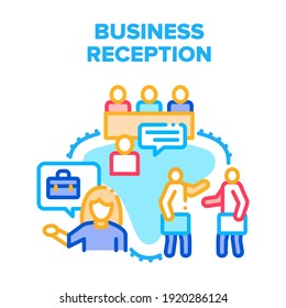 Business Reception Office Vector Icon Concept. Business Reception For Consulting And Communication With Customer. Administrator Discussing With Client Or Visitor Color Illustration