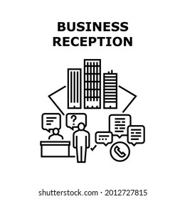Business Reception Office Vector Icon Concept. Business Reception Office, Receptionist Talking With Businessman On Phone And Chatting E-mail, Consultation And Advising Black Illustration