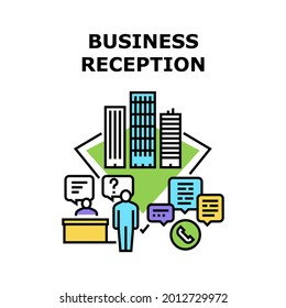 Business Reception Office Vector Icon Konzept. Business Reception Office, Receptionist, der mit Geschäftsmann telefonisch spricht und E-Mail chatting, Beratung und Beratung FarbIllustration