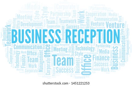 Business Reception word cloud. Collage made with text only.