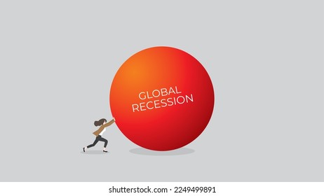 Business recession concept. the financial crisis, economic downturn, inflation, recession, failure, bankruptcy, and crisis. Businesswoman pushes the big red ball. A minimal style vector illustration.