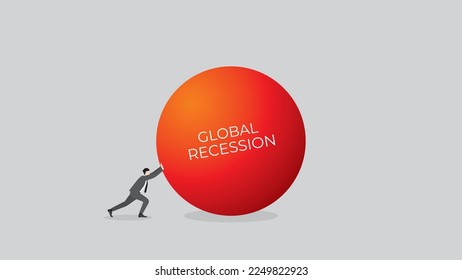 Business recession concept. the financial crisis, economic downturn, inflation, recession, failure, bankruptcy, and crisis. A businessman pushes the big red ball. A minimal style vector illustration.