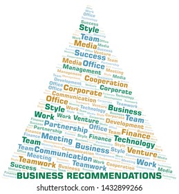 Business Recommendations word cloud. Collage made with text only.