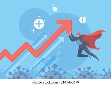 Die Erholung der Wirtschaft nach Coronavirus, nach COVID-19 Geschäftsmöglichkeiten oder Krisenreaktion, um stärker aus dem Störungskonzept hervorgehen. Superheld-Geschäftsmann, der die Grafik auf blauem Hintergrund hochhebt.