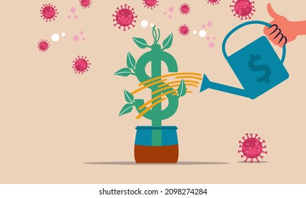 Business recovery and the better economic investment for the dollar. Hand watering money tree from coins and profit return back vector illustration concept. Future to increase income finance growth