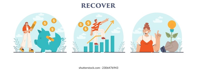 Business recovery set. Post crisis growth or rehabilitation. Process of company or self development. Project reboot, new chance for improvement. Market recovery after crisis. Flat vector illustration