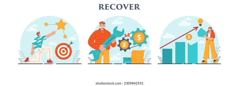 Business recovery set. Post crisis growth or rehabilitation. Process of company or self development. Project reboot, new chance for improvement. Market recovery after crisis. Flat vector illustration