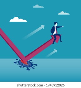 Business recovery vector concept: Businessman sitting on a moving upward chart after rebound