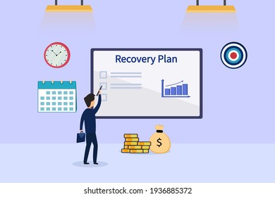 Business recovery vector concept: Businessman writing recovery plan on the white board with chart up arrow