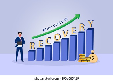 Business recovery vector concept: Young businessman standing with recovery chart after covid 19 while wearing face mask