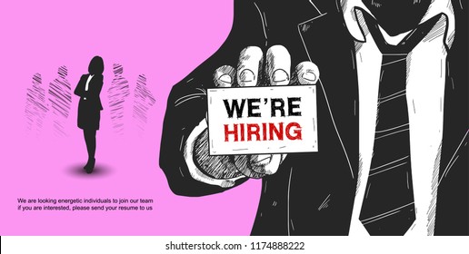 Business recruiting concept man show card we are hiring and businesswoman on purple background. Hand drawing style vector illustration