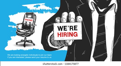 Business recruiting concept man show card we are hiring and office chair with a sign vacant. Hand drawing style vector illustration on blue background