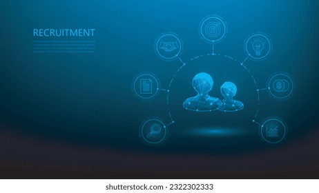 business recruiting employee with icon technology on blue background. Office staff hiring concept. find new member company. vector illustration fantastic hi tech design.