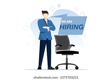 Business recruitment concept. Businessman with chair with text we rent. Vacancy. employee recruitment advertisement. Join our team announcements. flat vector illustration on white background.