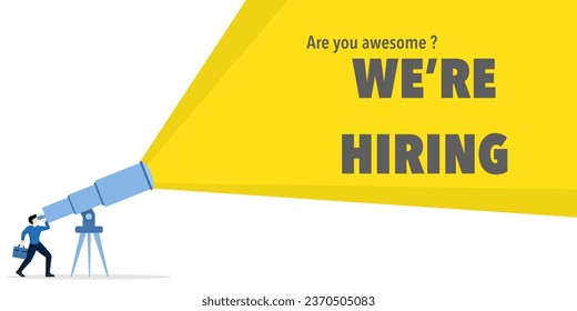 Business recruitment concept. Businessman uses binoculars to see the text we use. recruitment process, join our team, cv, resume. We are recruiting, flat vector illustration on a white background.