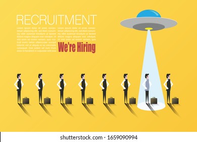 Business recruitment or hiring vector concept. UFO Looking for talent. Businessmen standing for new career opportunities. Job vacancy advertisement. Eps10 vector illustration.