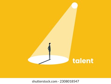 Business recruitment or hiring vector concept. Businessman standing in spotlight or searchlight as symbol of unique talent and skills