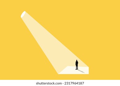 Business recruitment or hiring vector concept. Looking for talent. Business man standing in spotlight or searchlight looking for new career opportunities. Eps10 vector illustration