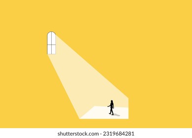 Business recruitment or hiring vector concept. Looking for talent. Business woman standing in spotlight or searchlight looking for new career opportunities. Eps10 vector illustration