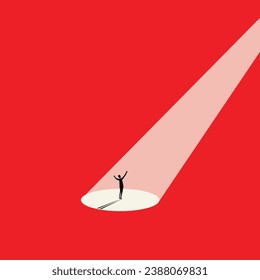 Business recruitment or hiring vector concept. Businessman standing in spotlight or searchlight as symbol of unique talent and skills winning the chance in red background