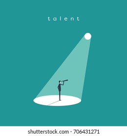 Business recruitment or hiring vector concept. Businessman standing in spotlight or searchlight looking for new career opportunities. Eps10 vector illustration.