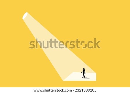 Business recruitment or hiring vector concept. Looking for talent. Business woman standing in spotlight or searchlight looking for new career opportunities. Eps10 vector illustration