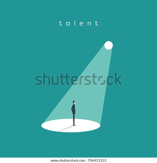 Business recruitment or hiring\
vector concept. Businessman standing in spotlight or searchlight as\
symbol of unique talent and skills. Eps10 vector\
illustration.
