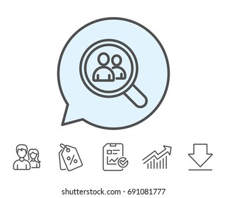 Business recruitment line icon. Search employees sign. Magnifying glass symbol. Report, Sale Coupons and Chart line signs. Download, Group icons. Editable stroke. Vector