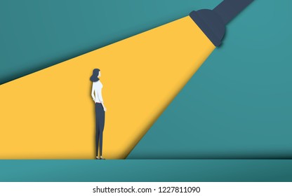 Business Recruitment And Talent Headhunting Vector Concept In Modern 3d Paper Cutout Style. Businesswoman In Spotlight. Symbol Of Hiring, Employee Search, Vacancy. Eps10 Vector Illustration.