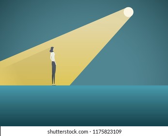 Business recruitment vector concept. Businesswoman in spotlight. Symbol of hiring, headhunting, searching for talent, skill, new career opportunities. Eps10 vector illustration.