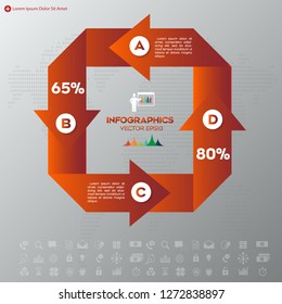 Business red infographics template 4 steps square. Data and information visualization on the grey background.Eps 10 vector file.