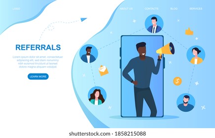 Business referrals. Abstract concept of business development, connecting employees and partners for better work. Webpage, webdsite, landing page template or layout