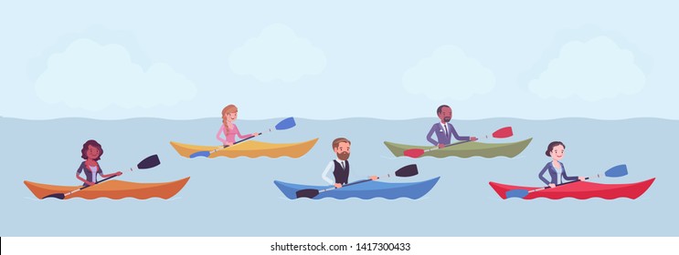 Business regatta on kayaks. Businessmen and businesswomen rowing on sporting event, boat contest race establishing superiority, competition for money, financial market rivalry. Vector illustration