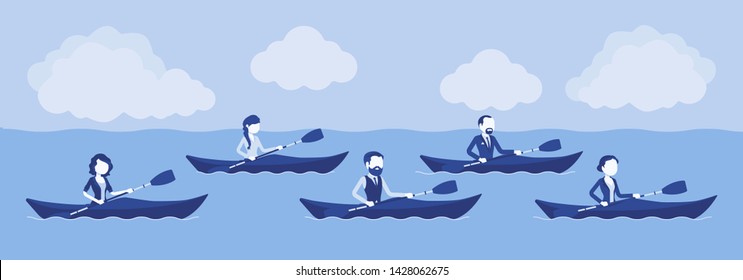 Business regatta on kayaks. Businessmen, businesswomen rowing on boat contest race establishing superiority, competition for money, financial market rivalry. Vector illustration, faceless characters