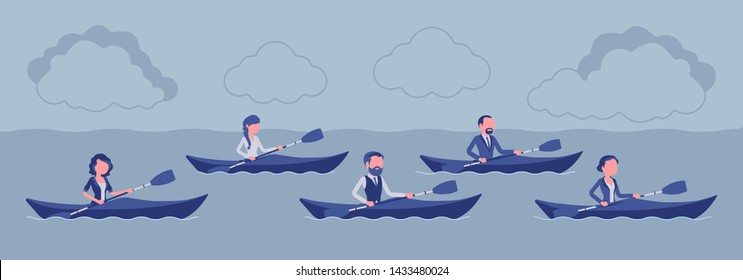 Business regatta on kayaks. Businessmen, businesswomen rowing on boat contest race establishing superiority, competition for money, financial market rivalry. Vector illustration, faceless characters