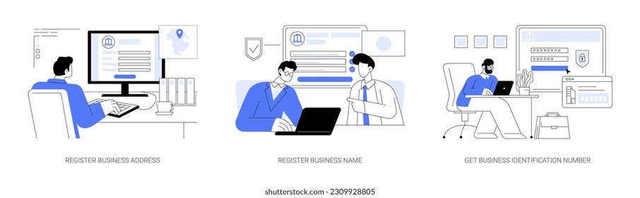 Business registration abstract concept vector illustration set. Register business address and name, get business identification number, sign documents online, government services abstract metaphor.