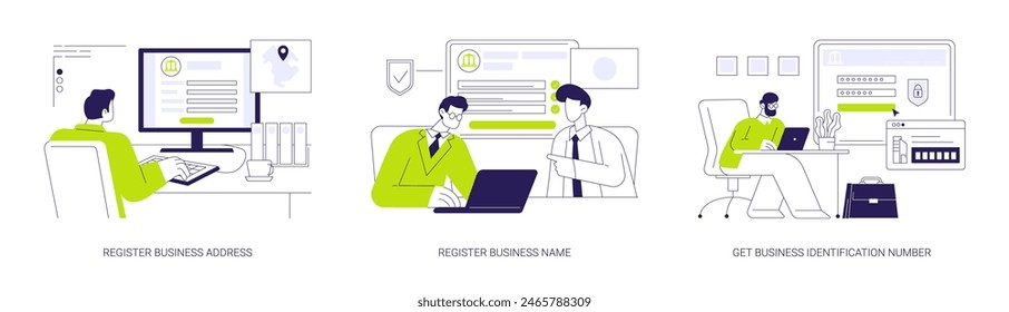Business registration abstract concept vector illustration set. Register business address and name, get business identification number, sign documents online, government services abstract metaphor.