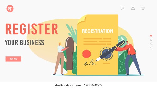 Business Registration Landing Page Template. Tiny Characters with Huge Quill Pen and Seal Stamp Signing Paper Document for New Company Register, Brand Identity. Cartoon People Vector Illustration